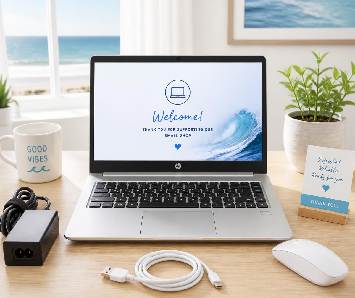 A refurbished laptop and accessories arranged on a bright desk